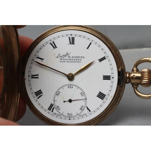 353 - A 9CT GOLD HALF HUNTER TOP WIND POCKET WATCH, the white enamel dial with black Roman numerals enclos... 