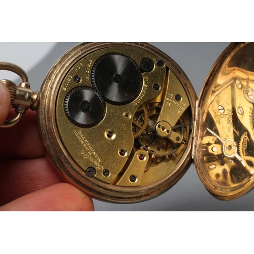 353 - A 9CT GOLD HALF HUNTER TOP WIND POCKET WATCH, the white enamel dial with black Roman numerals enclos... 