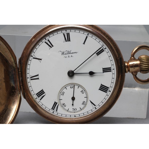 358 - A 9CT GOLD WALTHAM HUNTER TOP WIND POCKET WATCH, the white enamel dial with black Roman numerals enc... 