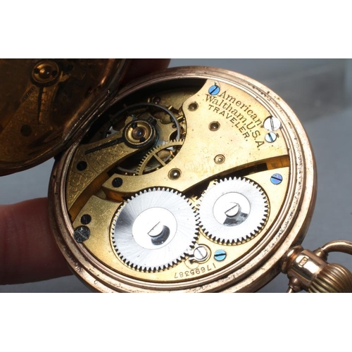 358 - A 9CT GOLD WALTHAM HUNTER TOP WIND POCKET WATCH, the white enamel dial with black Roman numerals enc... 