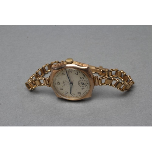 361 - A LADY'S 9CT GOLD WRISTWATCH, the silvered dial with black Arabic numerals enclosing subsidiary seco... 