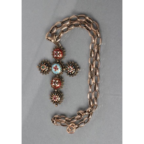 366 - A FRENCH BRESSAN CROSS PENDANT, the six bosses enamelled in opaque colours with 