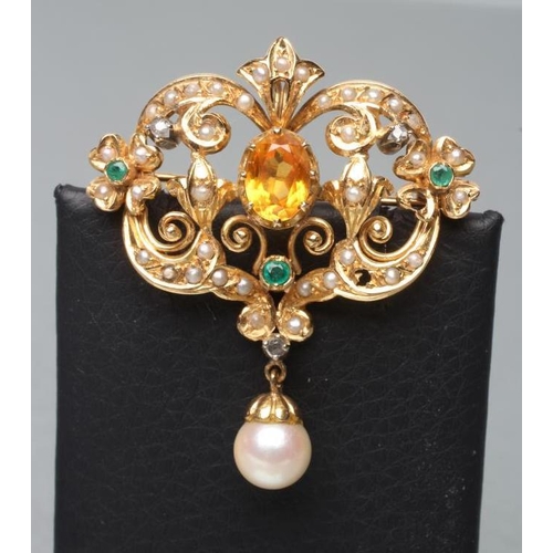 370 - A MULTI-GEM SET 18CT GOLD RENAISSANCE STYLE BROOCH/PENDANT of open cartouche form, the central claw ... 