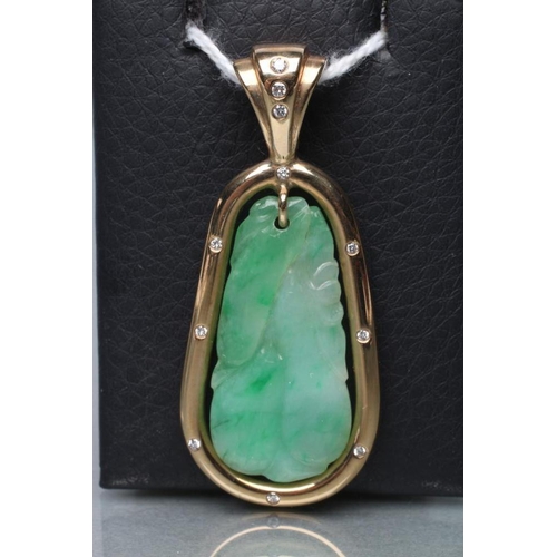 381 - A JADE PENDANT, the tear shaped panel carved with stylised fruit pierced to hang from a cylindrical ... 