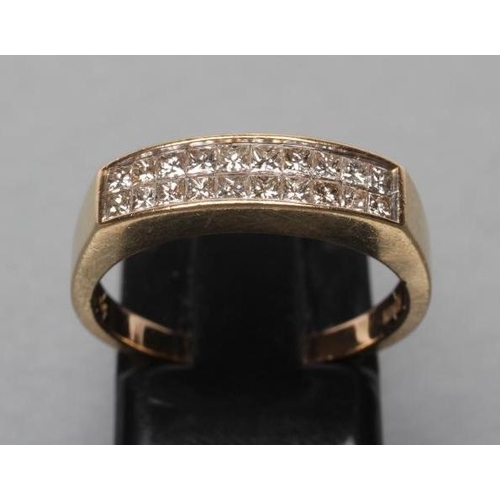 420 - A DIAMOND HALF HOOP ETERNITY RING, the twenty princess cut stones calibre set to a plain shank stamp... 