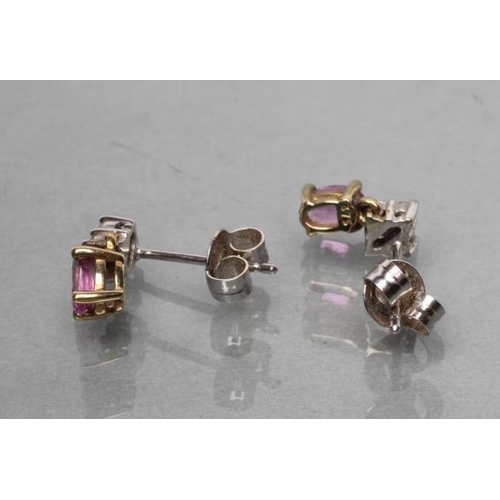 421 - A PAIR OF PINK SAPPHIRE AND DIAMOND DROP EAR STUDS set in 9ct white and yellow gold (Est. plus 21% p... 