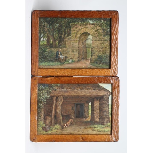 496 - A PAIR OF THOMAS WHITTAKER OF LITTLEBECK ADZED OAK PICTURE FRAMES, unsigned, each containing a signe... 