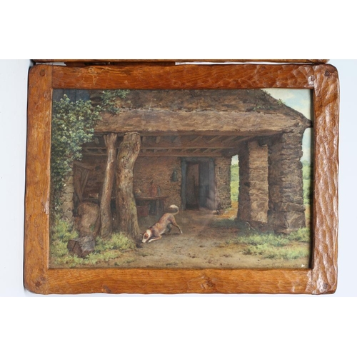 496 - A PAIR OF THOMAS WHITTAKER OF LITTLEBECK ADZED OAK PICTURE FRAMES, unsigned, each containing a signe... 