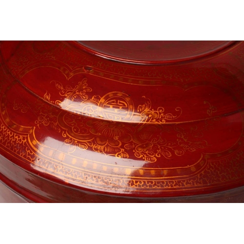 512 - A LARGE VIETNAMESE RED LACQUER BETEL BOX AND COVER, modern, of plain cylindrical form with lift-off ... 