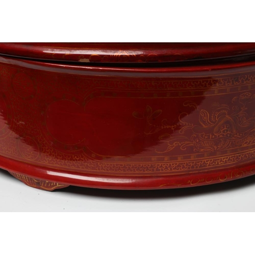 512 - A LARGE VIETNAMESE RED LACQUER BETEL BOX AND COVER, modern, of plain cylindrical form with lift-off ... 