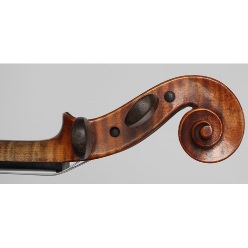 526 - A VIOLIN, the one piece back with inlaid purfling, notched sound holes, rosewood turners, unlabelled... 