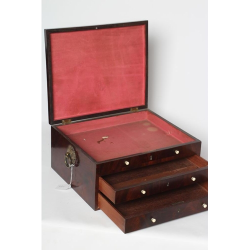 532 - A REGENCY MAHOGANY WORK BOX, of oblong form with gilded brass ring handles, the mildly domed hinged ... 