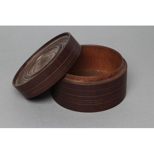 533 - A TREEN BOX, c.1900(?), of cylindrical form with incised line banding and moulded detachable lid. 5 ... 