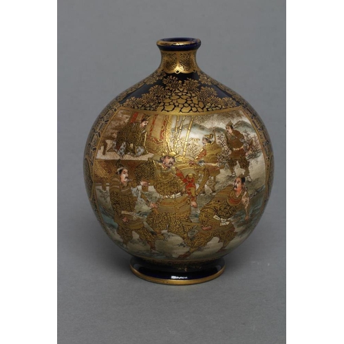 6 - A SATSUMA EARTHENWARE VASE of globular form, painted in typical palette and richly gilded with two p... 