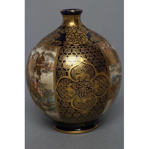 6 - A SATSUMA EARTHENWARE VASE of globular form, painted in typical palette and richly gilded with two p... 