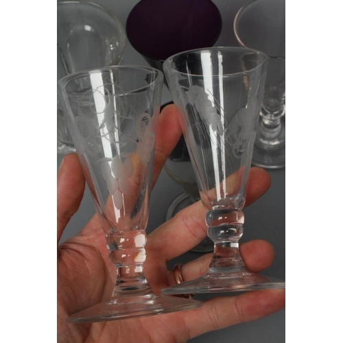 60 - A COLLECTION OF TEN ALE FLUTES AND OTHER GLASSES, late 18th century and later, including a pair of a... 