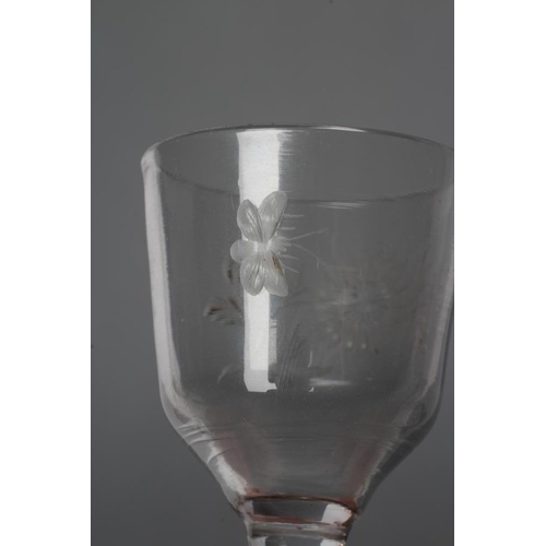 61 - A CORDIAL GLASS, mid 18th century, the ogee bowl engraved with a flower and butterfly, raised upon a... 