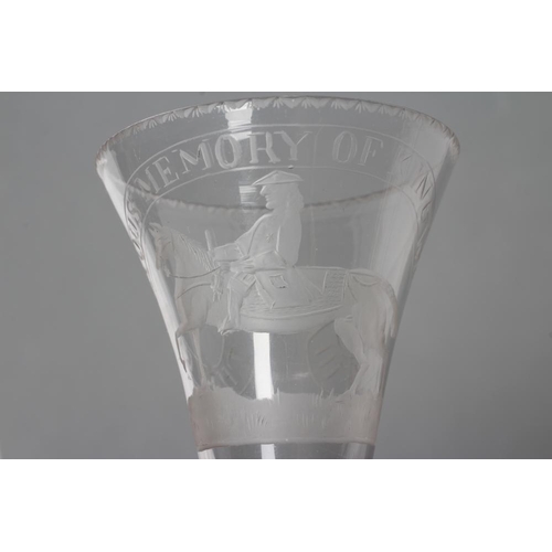 67 - A COMMEMORATIVE ALE GLASS, mid 18th century, the drawn trumpet bowl engraved 