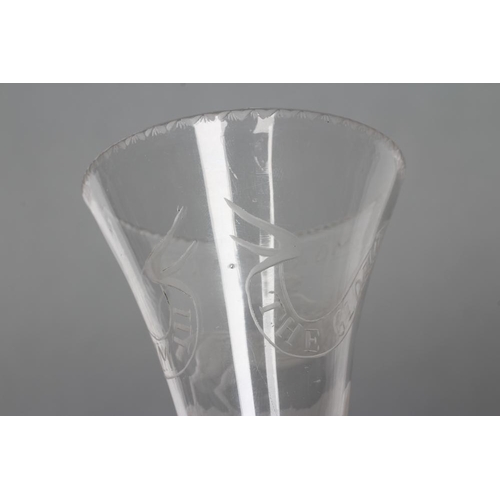 67 - A COMMEMORATIVE ALE GLASS, mid 18th century, the drawn trumpet bowl engraved 