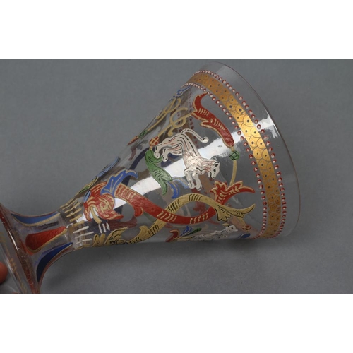 70 - A VENETIAN GOBLET, 19th century, the conical bowl on swept foot, all-over enamelled in colours with ... 