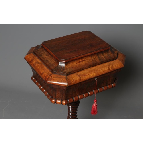 771 - A ROSEWOOD SARCOPHAGUS TEAPOY, early/mid 19th century, the domed lid now opening to a void silk line... 