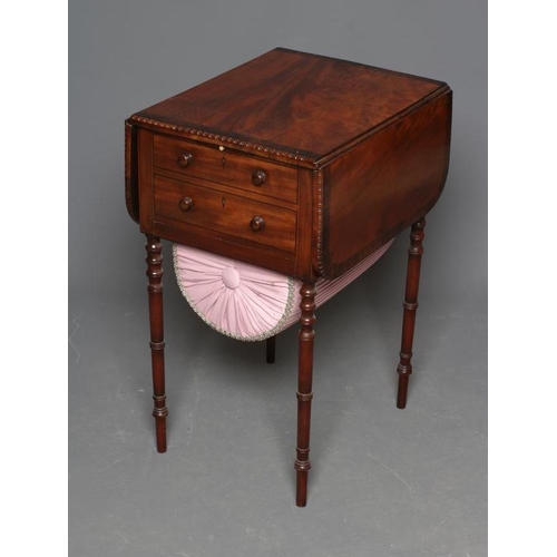 772 - A REGENCY MAHOGANY AND ROSEWOOD BANDED WORK TABLE, the rounded oblong top with bead and reel edging,... 