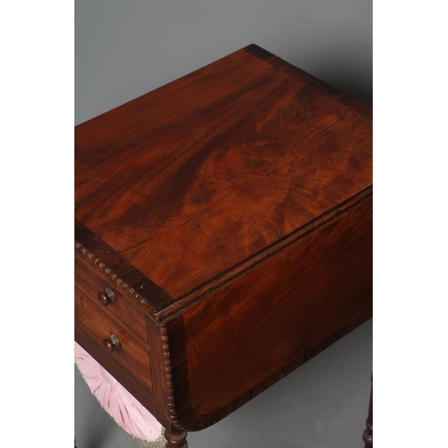 772 - A REGENCY MAHOGANY AND ROSEWOOD BANDED WORK TABLE, the rounded oblong top with bead and reel edging,... 