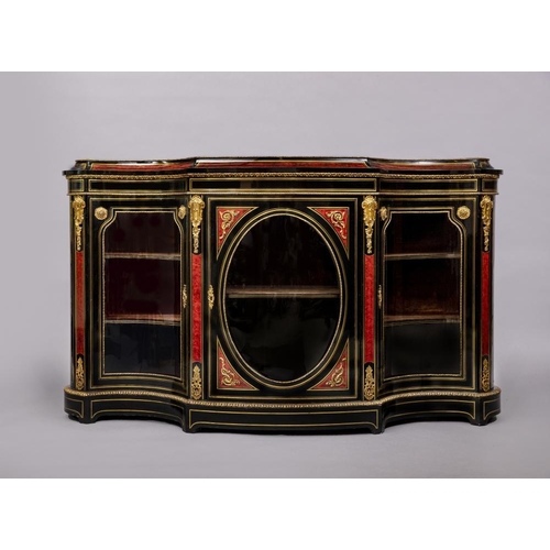 777 - A VICTORIAN EBONISED AND RED TORTOISESHELL CREDENZA of bold serpentine outline with brass inlay and ... 