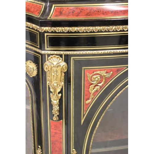 777 - A VICTORIAN EBONISED AND RED TORTOISESHELL CREDENZA of bold serpentine outline with brass inlay and ... 