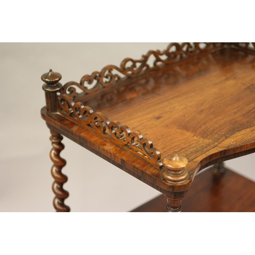 779 - A VICTORIAN ROSEWOOD THREE TIER WHATNOT of oblong serpentine form with pierced gallery, spiral suppo... 