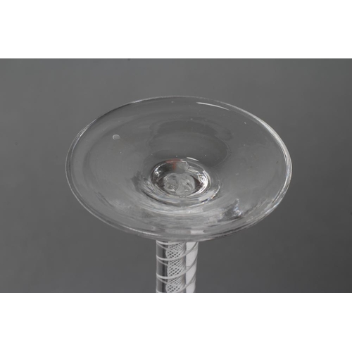 78 - A CORDIAL GLASS, mid 18th century, the ogee bowl wheel engraved with vines on an opaque twist stem w... 