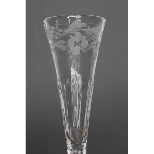 80 - A RATAFIA GLASS, mid 18th century, the panel mould blown conical bowl wheel engraved with a foliate ... 