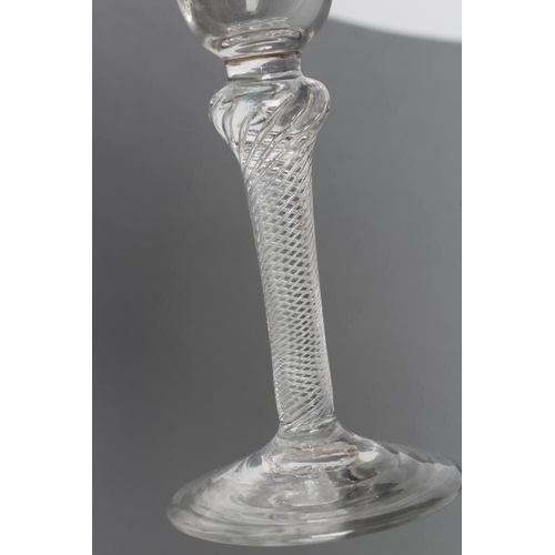 84 - A JACOBITE WINE GLASS, mid 18th century, the round funnel bowl wheel engraved with a rose on a knopp... 