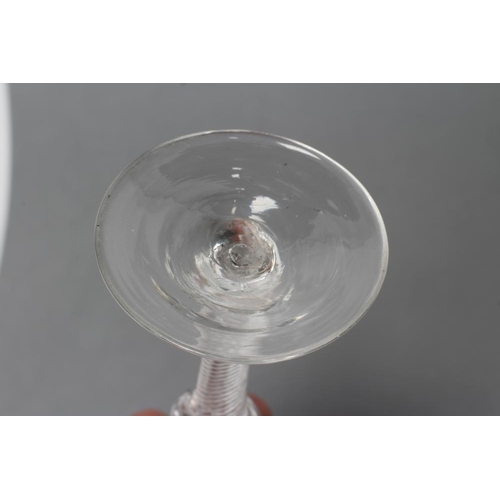 84 - A JACOBITE WINE GLASS, mid 18th century, the round funnel bowl wheel engraved with a rose on a knopp... 