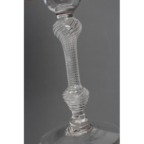 88 - A CORDIAL GLASS, mid 18th century, the round funnel bowl on shoulder knop and multi-spiral air twist... 