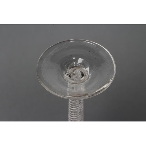 89 - A WINE GLASS, mid 18th century, the bell bowl on a mixed twist stem with central multi-ply air twist... 