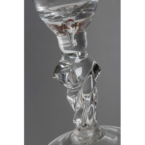 90 - A GOBLET, mid 18th century, the bucket bowl with tear drop on a heavy wrythen tapered stem and domed... 