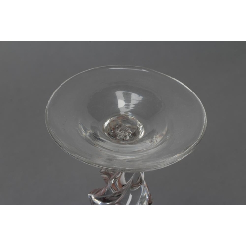 90 - A GOBLET, mid 18th century, the bucket bowl with tear drop on a heavy wrythen tapered stem and domed... 