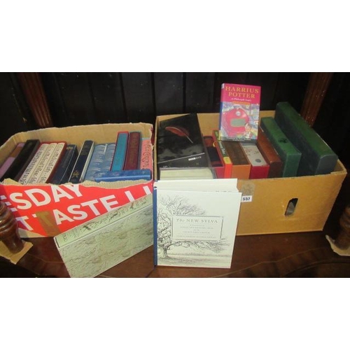 557 - TWO BOXES OF FOLIO SOCIETY BOOKS AND DVDS