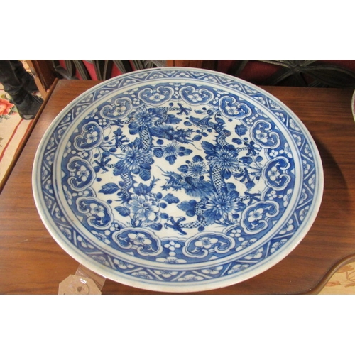 349 - CHINESE FAMILLE VERTE PLATE AND A BLUE AND WHITE CHARGER