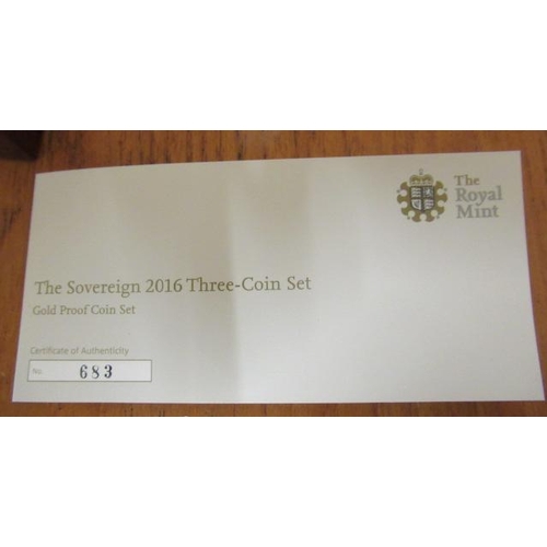 334 - THE 2016 GOLD PROOF THREE COIN SET, comprising sovereign, half sovereign and quarter sovereign, in p... 