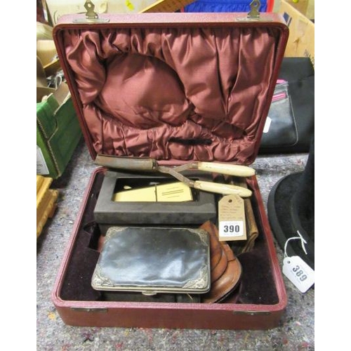 390 - SMALL CASE WITH SILVER MOUNTED PURSE AND COMPACTS ETC