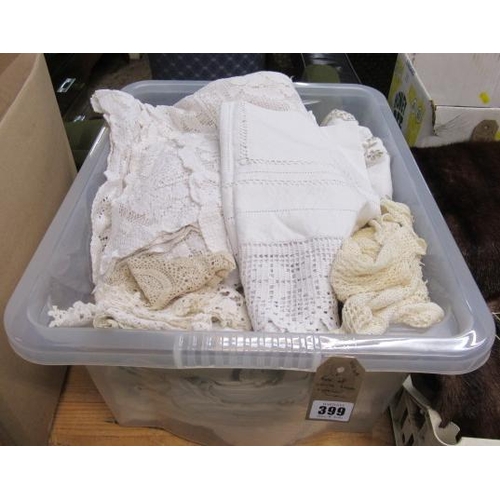 399 - BOX OF WHITE TABLE AND OTHER LINEN