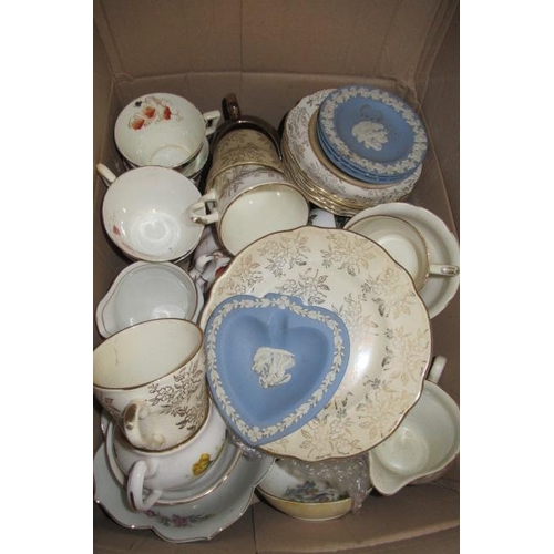 493 - BOX OF JASPERWARE AND OTHER CERAMICS