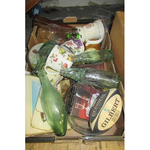 527 - BOX OF MIXED ITEMS INCLUDING ANTIQUE POP BOTTLES