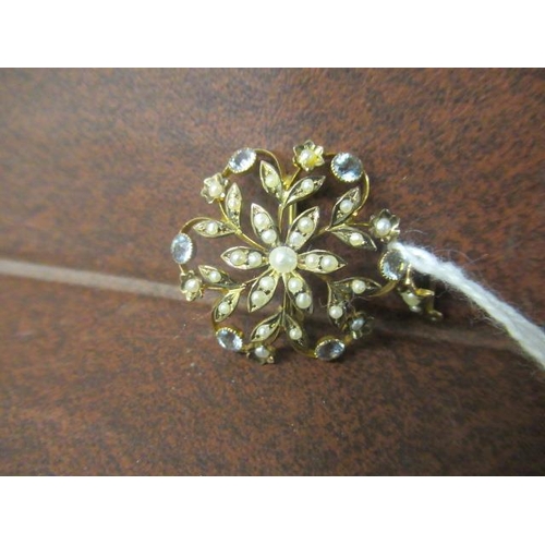 186 - EDWARDIAN 9CT GOLD SEED PEARL AND AQUAMARINE BROOCH /  PENDANT