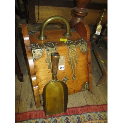 308 - ANTIQUE COAL SCUTTLE WITH SHOVEL