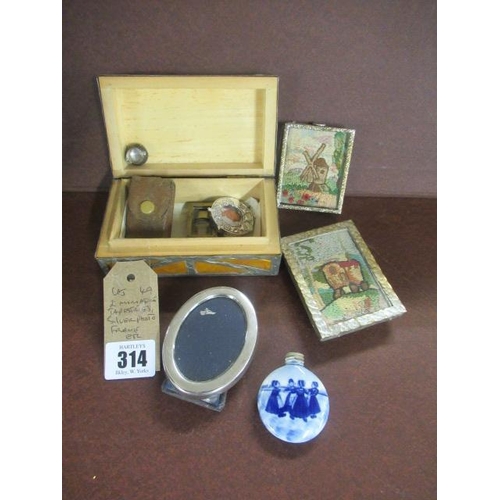 314 - TWO MINIATURE TAPESTRIES AND A PHOTO FRAME ETC