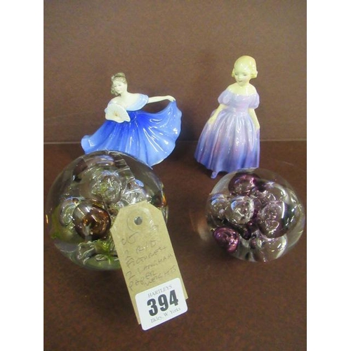 394 - TWO ROYAL DOULTON FIGURES AND TWO LANGHAM PAPERWEIGHTS