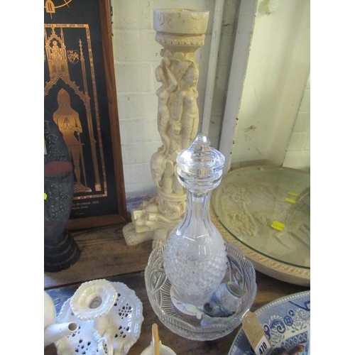 470 - GLASS DECANTER AND BOWL WITH LLADRO PIPE ON STAND